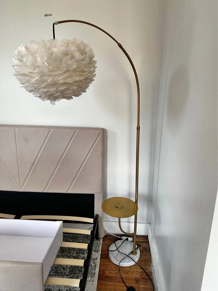 Gold Arched Floor Lamp with Feather Shade and Side Table