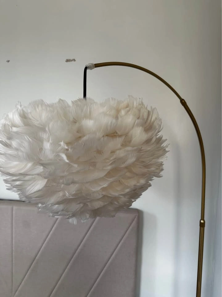 Gold Arched Floor Lamp with Feather Shade and Side Table - photo 2