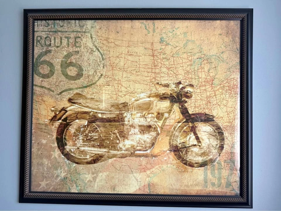 Vintage Route 66 Motorcycle Framed Wall Art