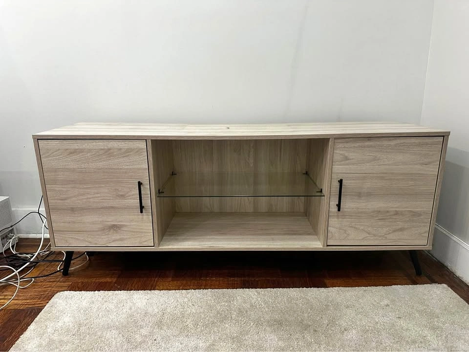 Modern Light Oak TV Stand with Glass Shelf