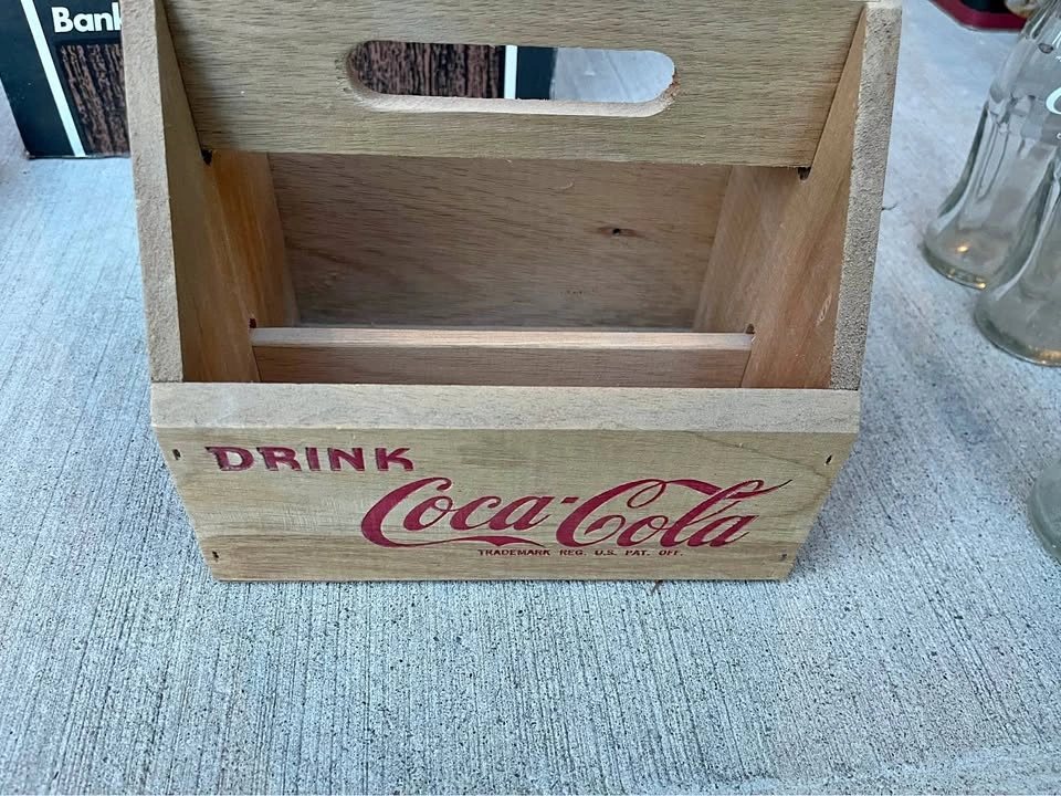 Coca cola wooden 6 pack bottle carrier and bottles