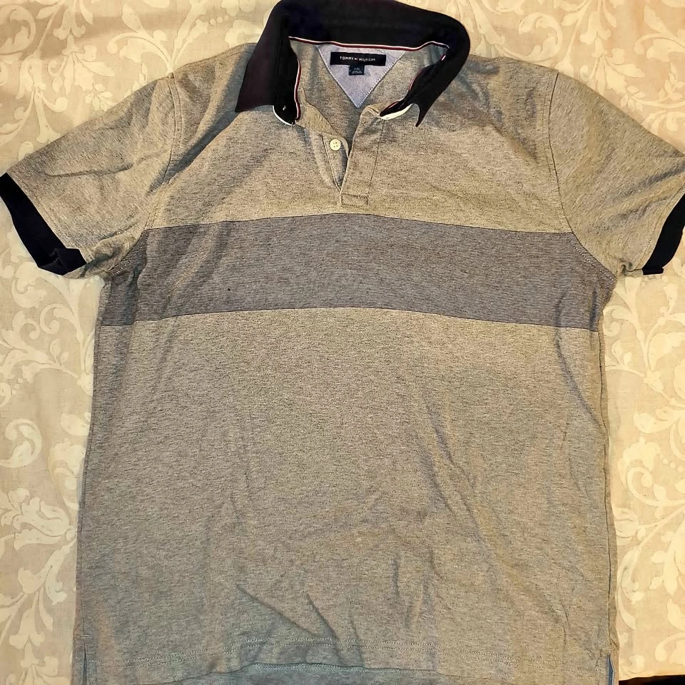 Tommy Hilfiger Polo Shirt Large Grey Navy Stripe