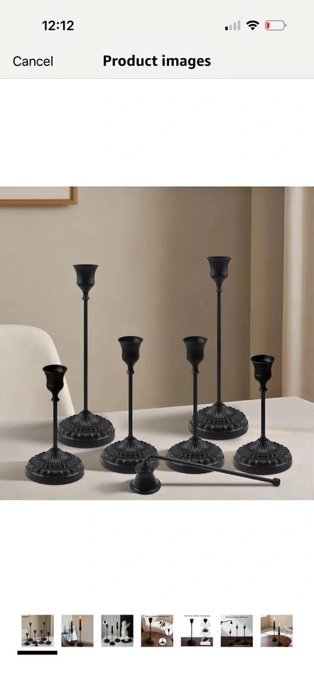 New- Matte black 6 pc taper candle holder with matching candle s