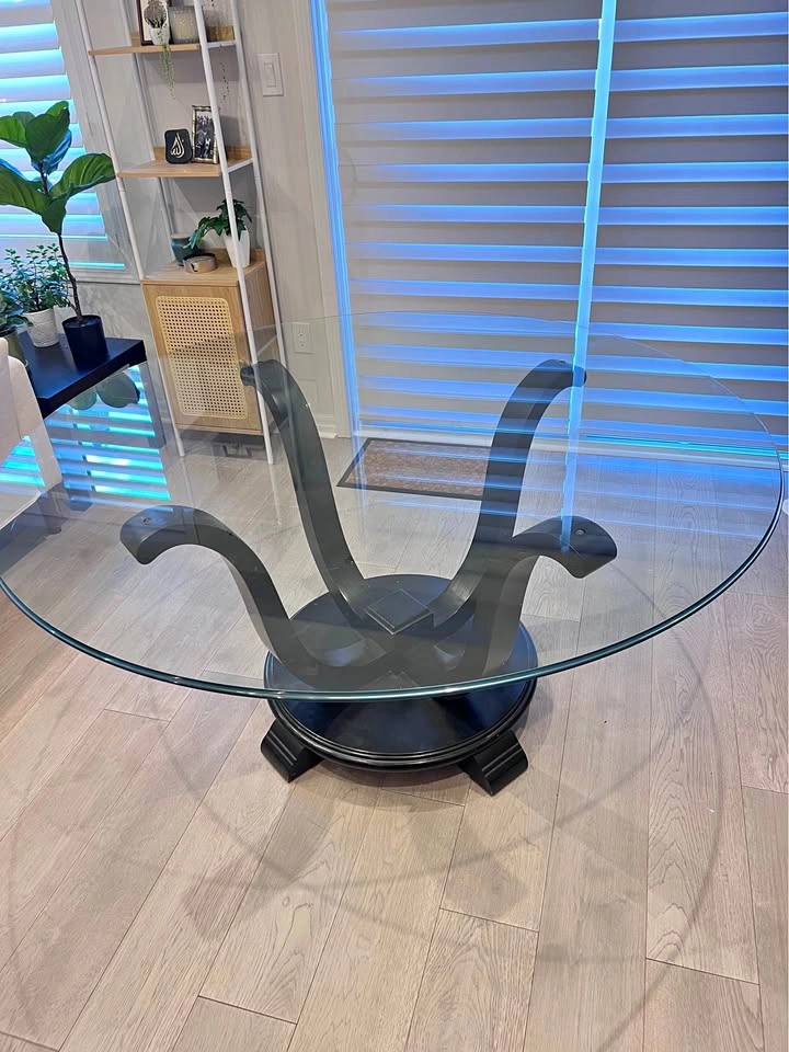 60” Round Glass Top Dining Table with Black Base