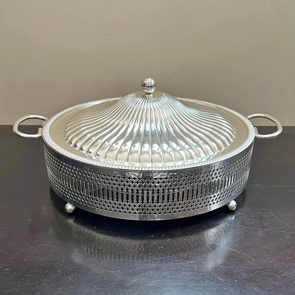 Vintage Casserole Dish with Handled Silver Plated Server