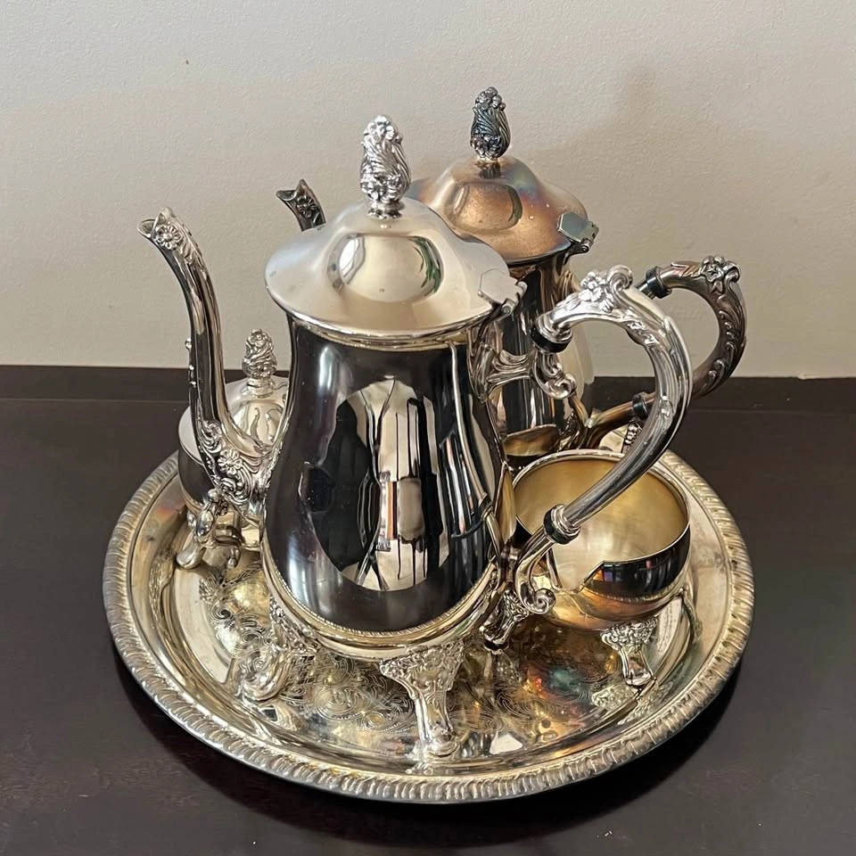 Vintage EP Brass Silver Plated Tea Set with Tray