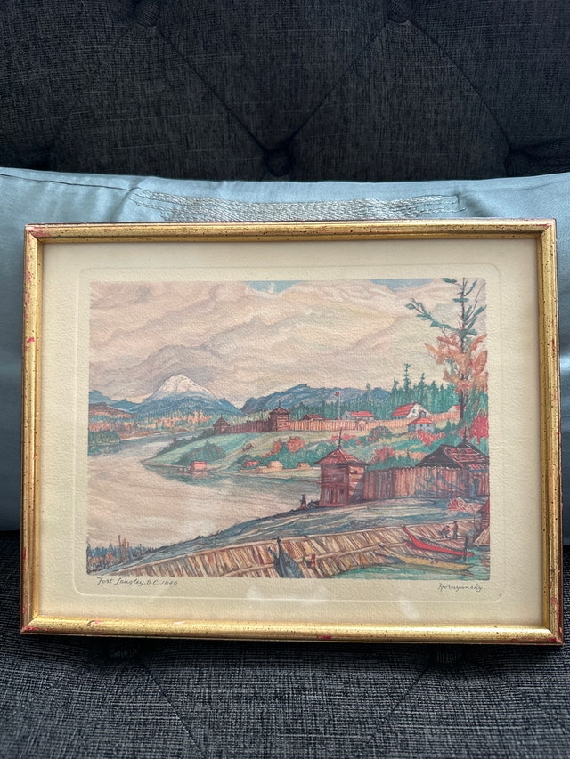 Aquatint etching print titled Fort Langley, B.C. by N Hornyansky