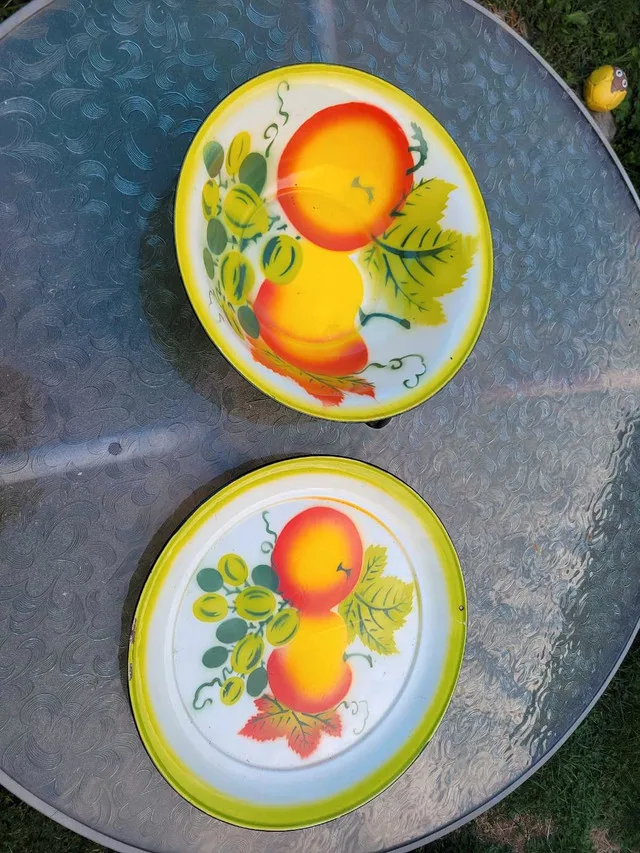 Vintage Enamelled metal bowl and platter thumbnail