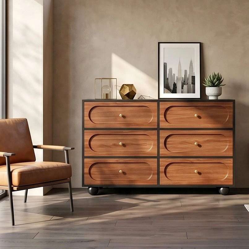 Modern Walnut and Black Storage Chest with 6 Drawers
