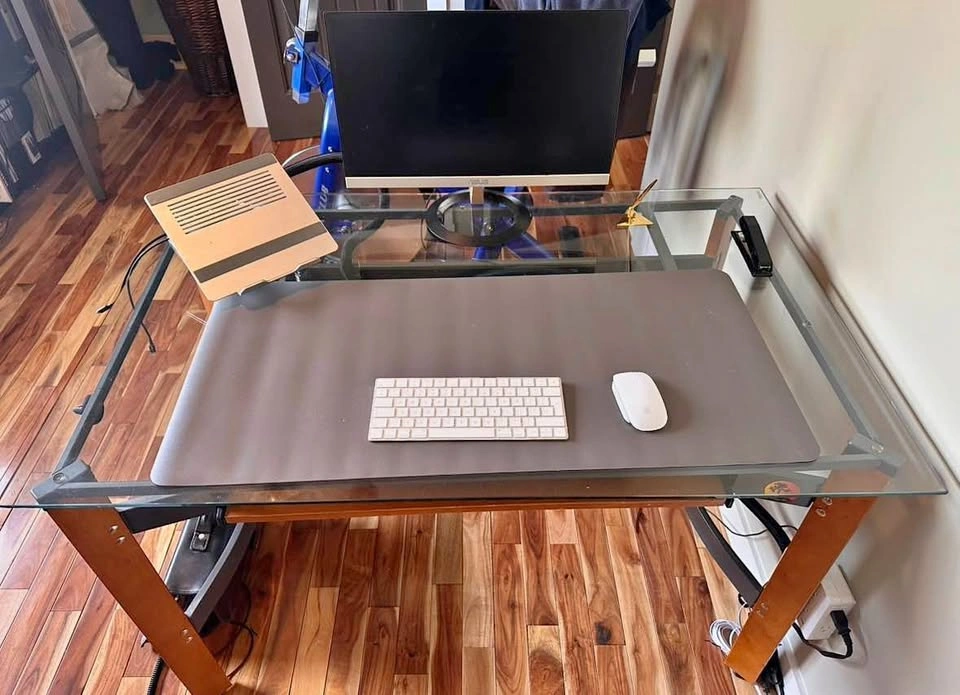 Modern Glass Computer Desk with Wood Legs & Keyboard Tray