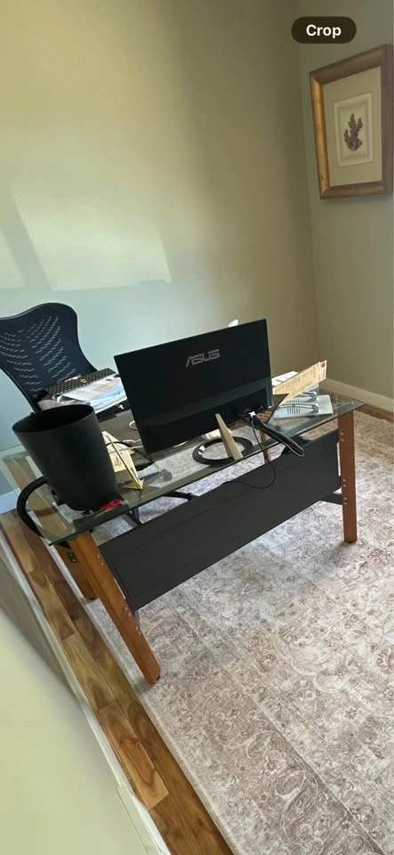 Modern Glass Computer Desk with Wood Legs & Keyboard Tray - photo 2