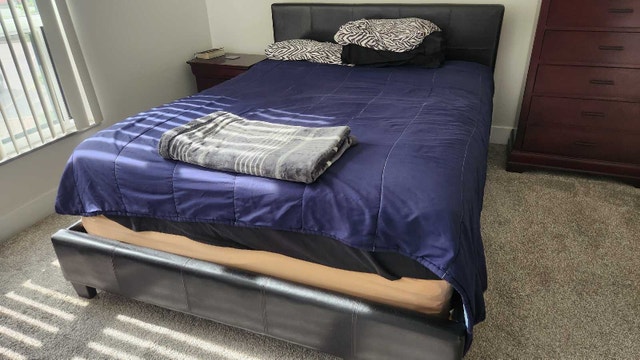 Black Leather Bed Frame with Mattress and Box Spring