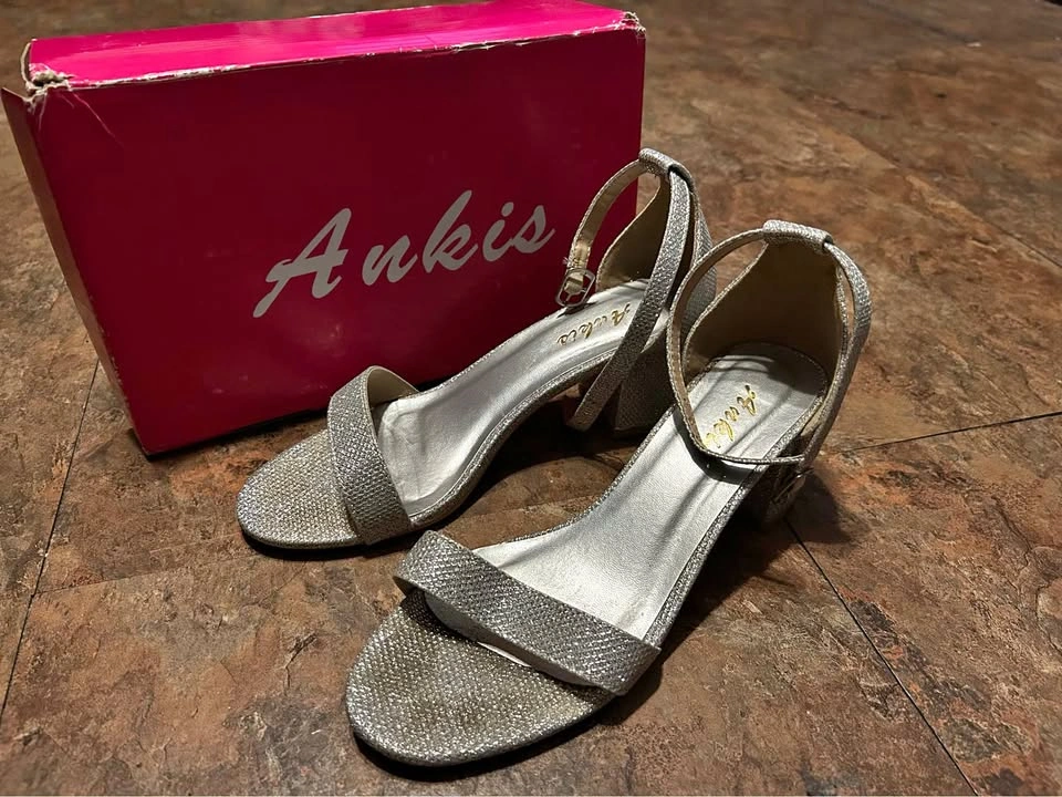 ANKIS Women's Silver Glitter Adjustable Ankle Strap Heels- Size