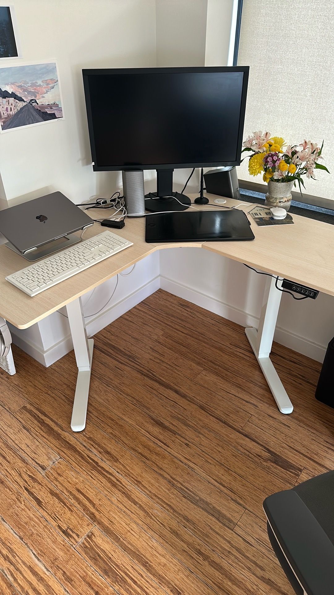 Vivo Corner Standing Desk and Branch Ergonomic Chair