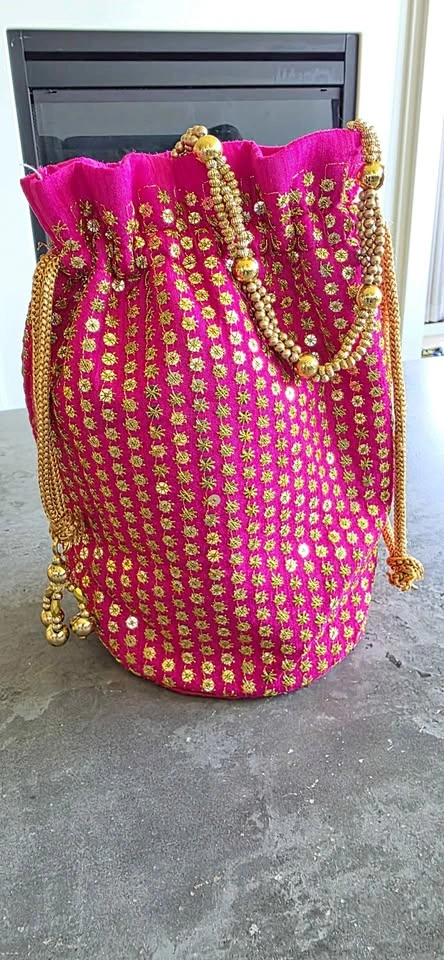 New Hot Pink & Gold Embroidered Indian Potli Bag