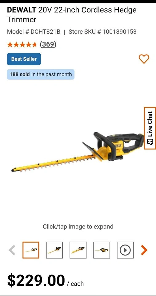 DEWALT 20V 22-inch Cordless Hedge Trimmer DCHT821B