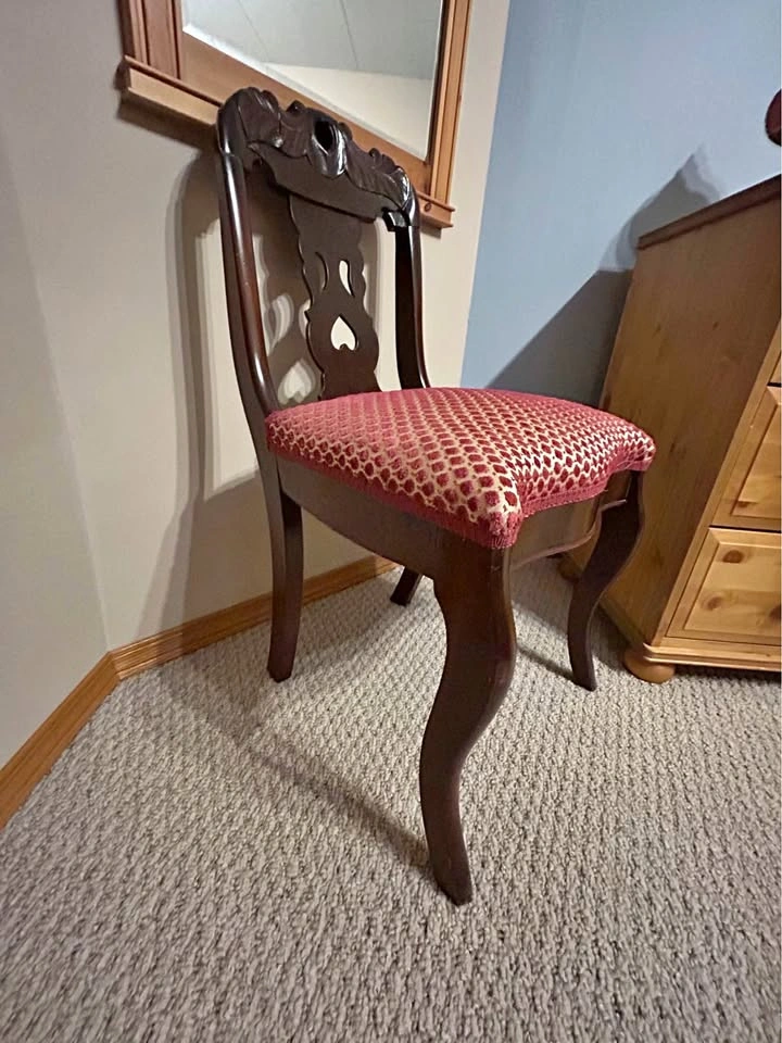 Vintage Carved Wood Side Chair with Red Upholstery