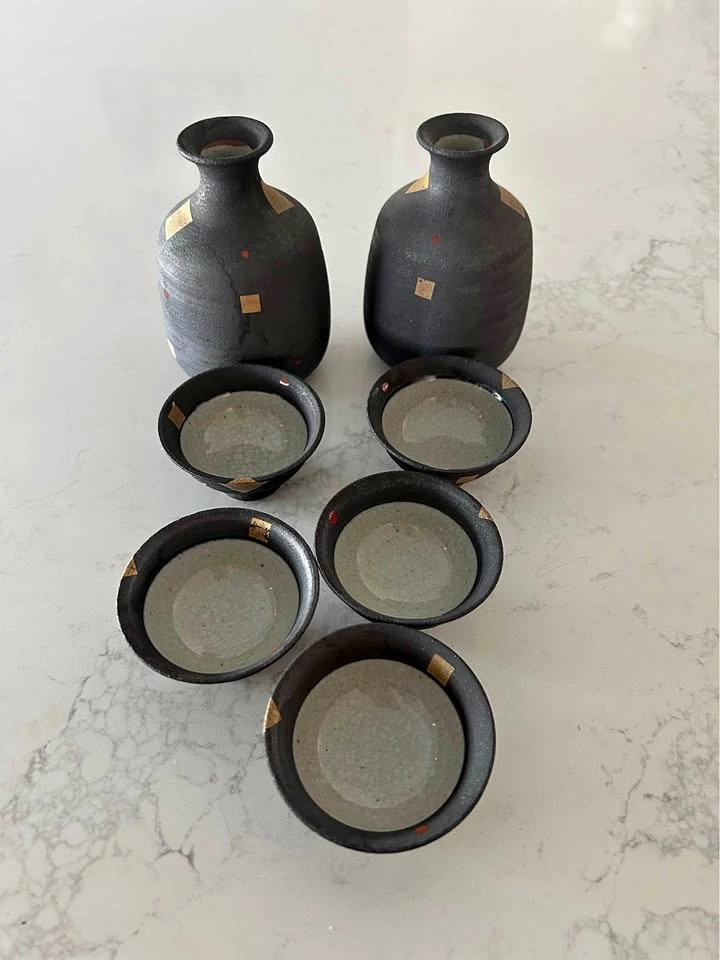 7 Piece Japanese Ceramic Sake Set Black with Gold Accents