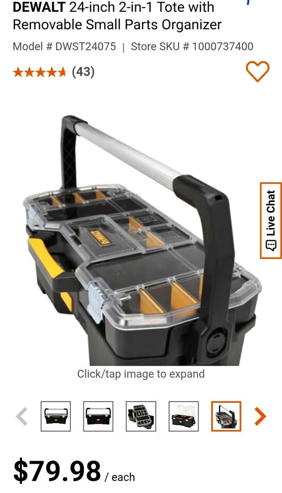 DEWALT 24-inch 2-in-1 Tote with Removable Small Parts Organizer
