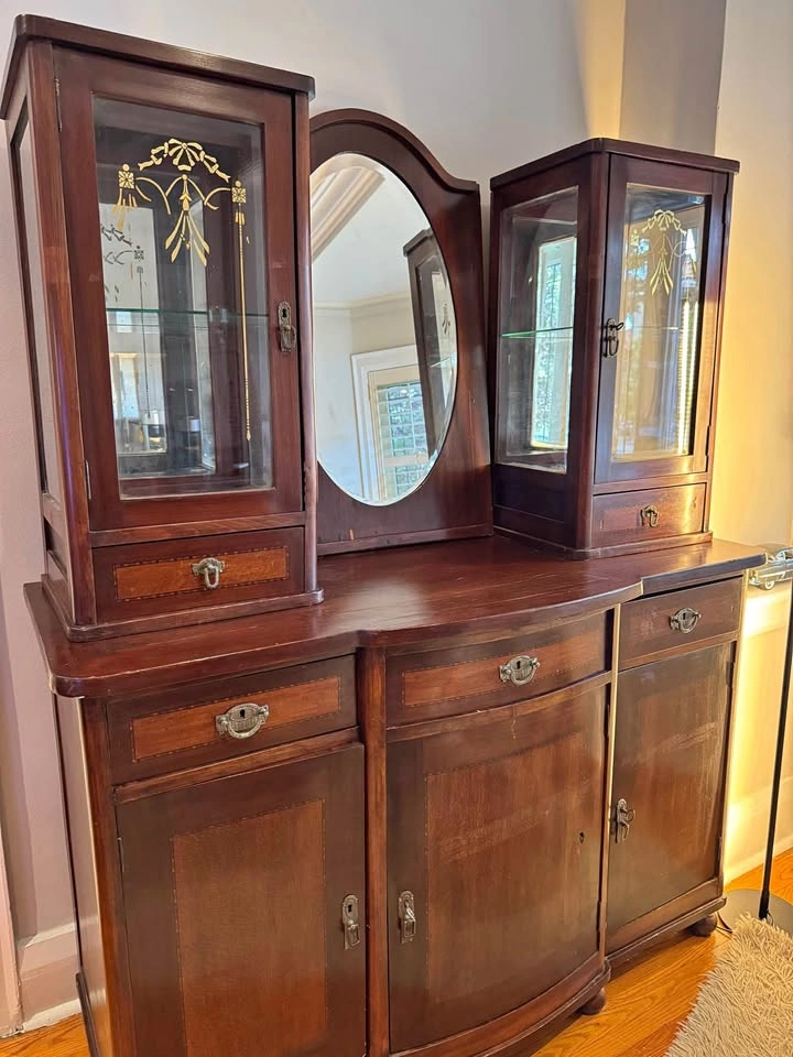 Vintage wooden buffet with mirror, vitrines and drawers