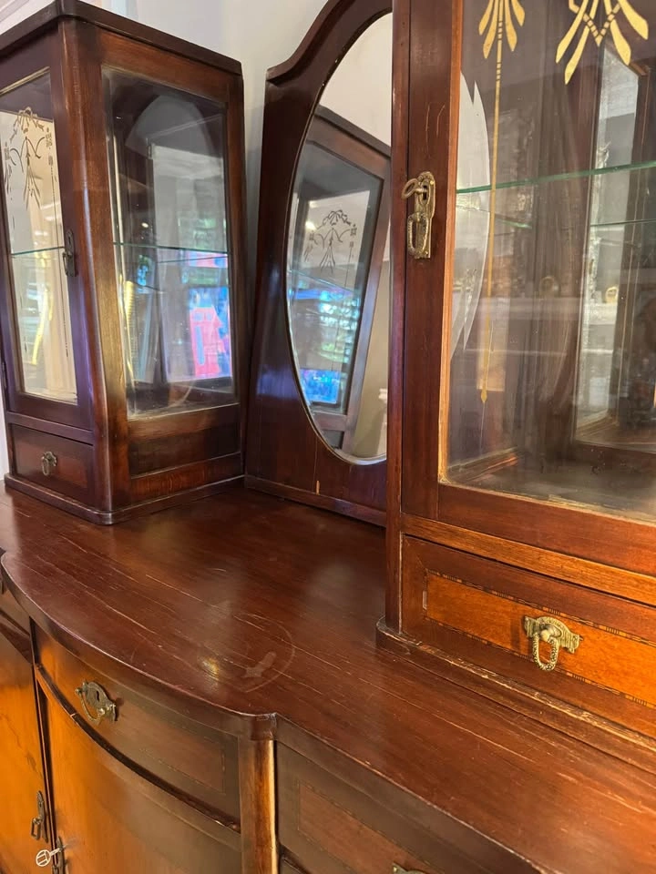 Vintage wooden buffet with mirror, vitrines and drawers - photo 2