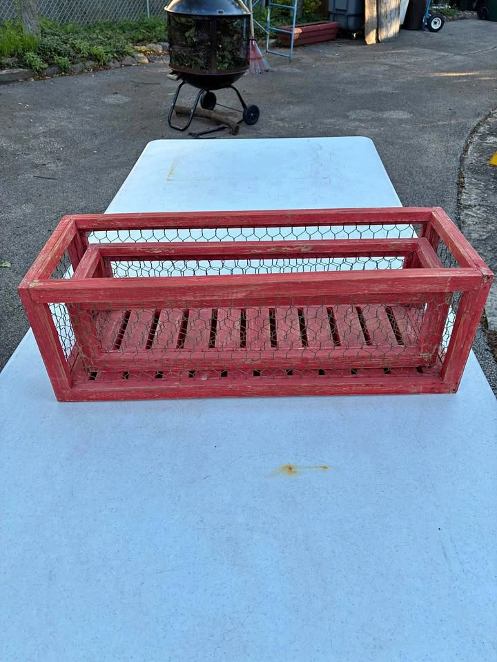 2 Red Distressed Wood Containers w/Wire Mesh Sides