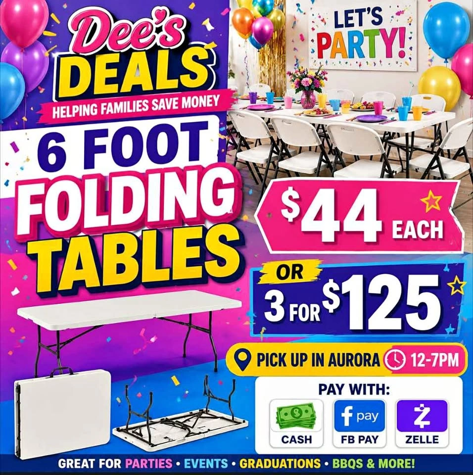 6 foot folding tables BRAND NEW IN BOX ONLY $44 or 3 for $125!