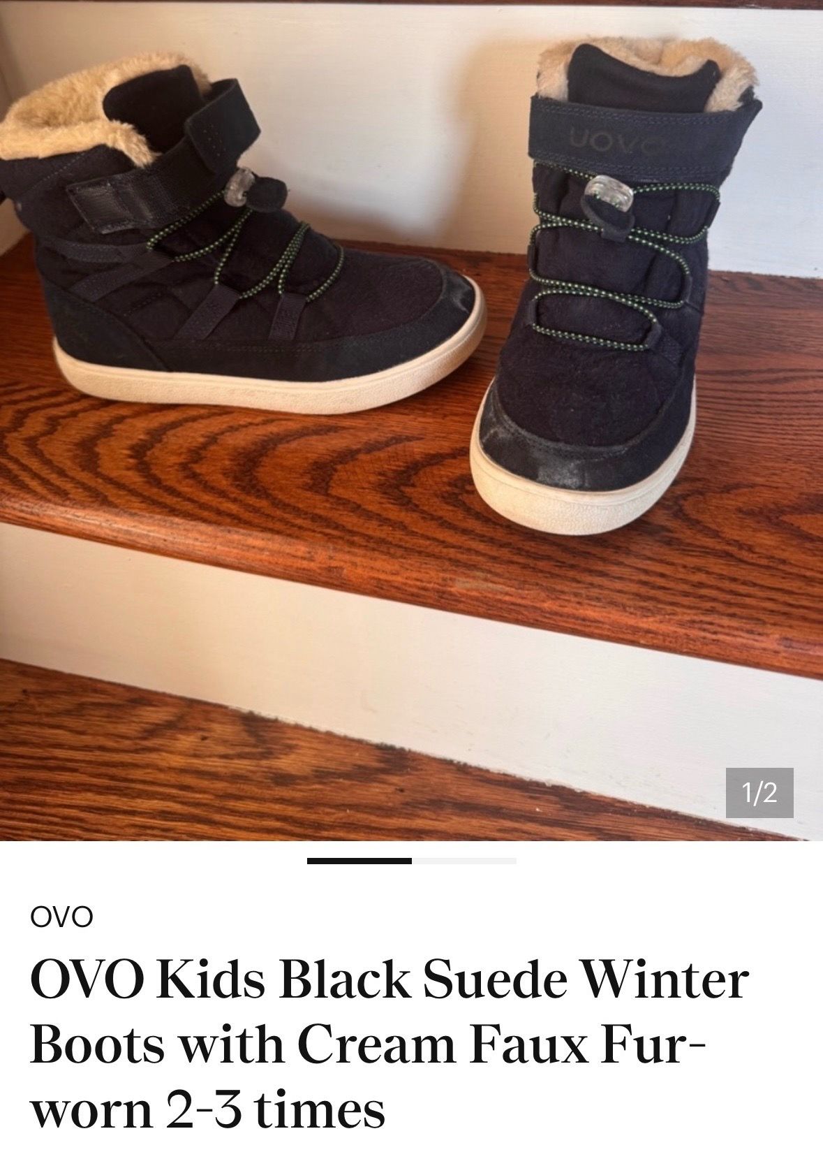 OVO Kids Black Suede Winter Boots with Cream Faux Fur
