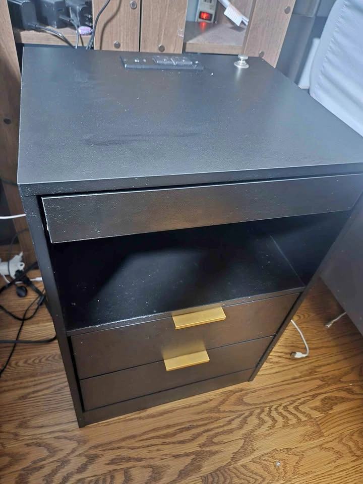 Black Nightstand with LED Lights and Power Outlets