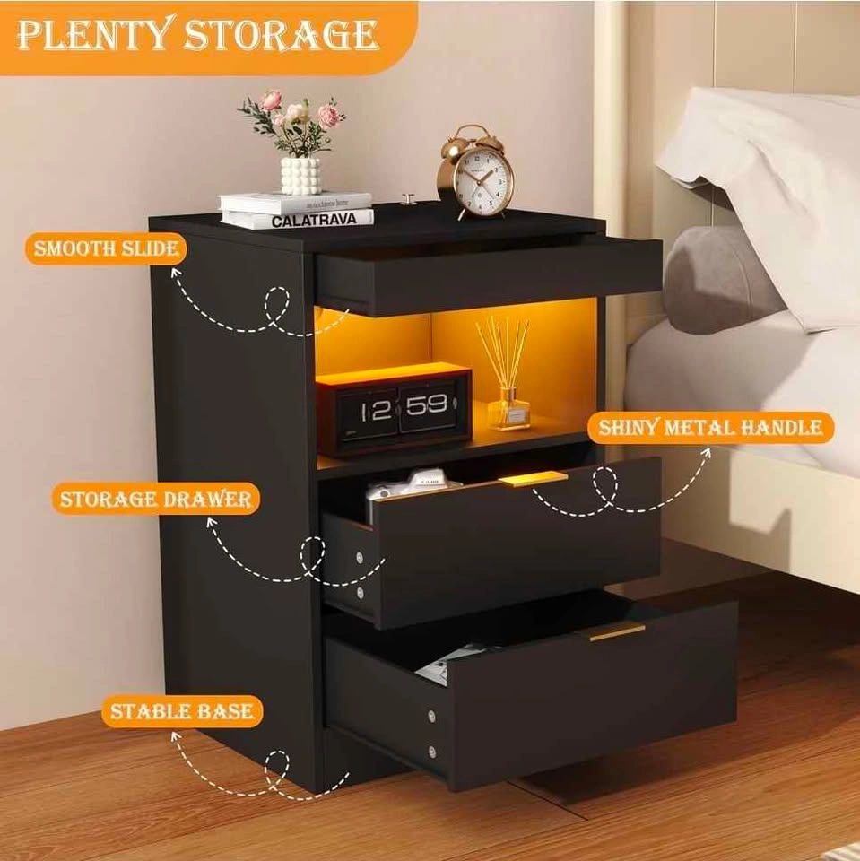 Black Nightstand with LED Lights and Power Outlets - photo 2