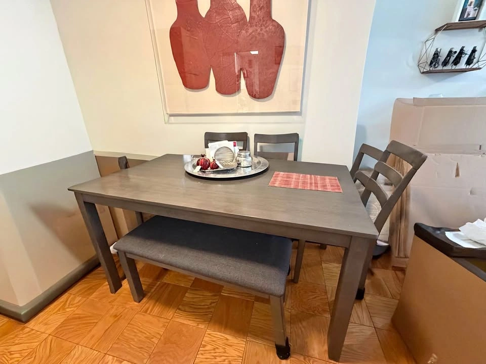 Grey Wood 6 person Dining Table with Bench and 4 Chairs