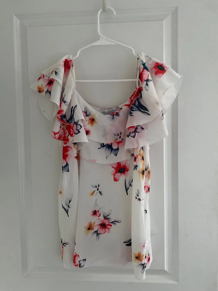 Floral Print Cold Shoulder Ruffle Trim Blouse - photo 2