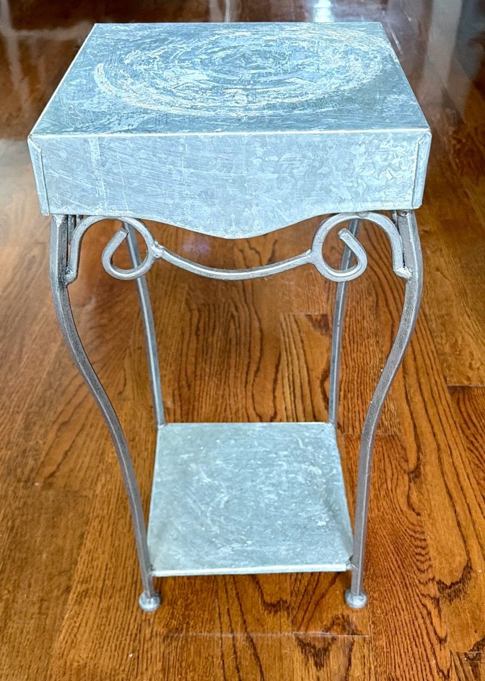 Vintage Galvanized Metal & Wrought Iron 2-Tier Plant Stand