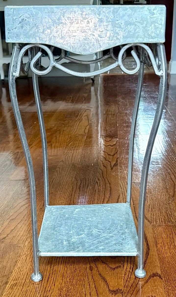 Vintage Galvanized Metal & Wrought Iron 2-Tier Plant Stand - photo 2