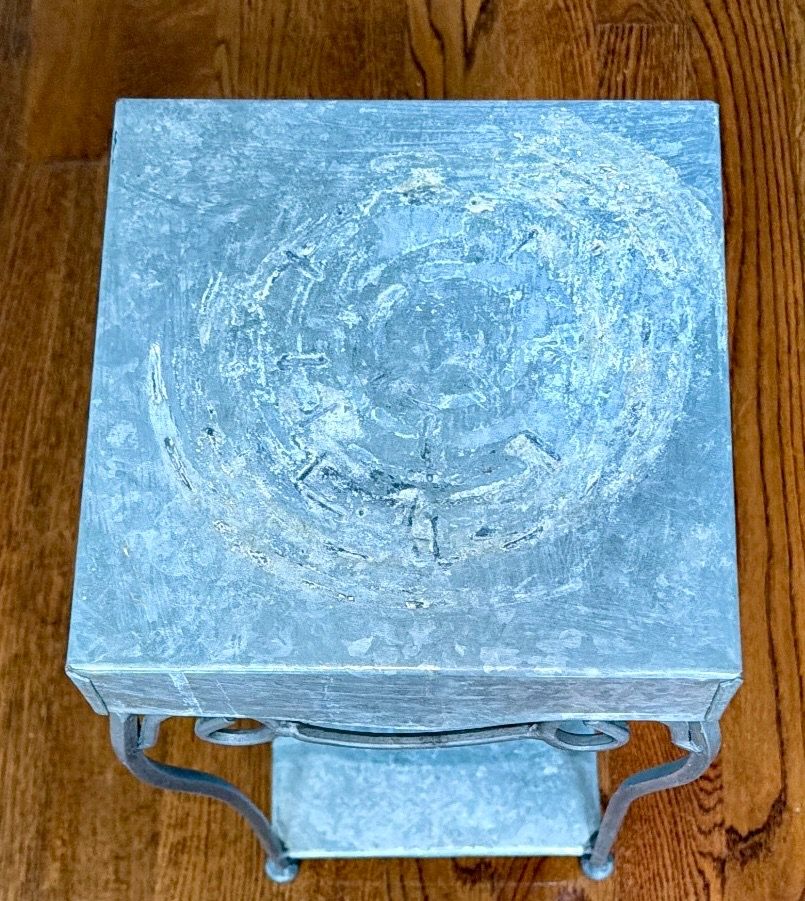 Vintage Galvanized Metal & Wrought Iron 2-Tier Plant Stand - photo 3