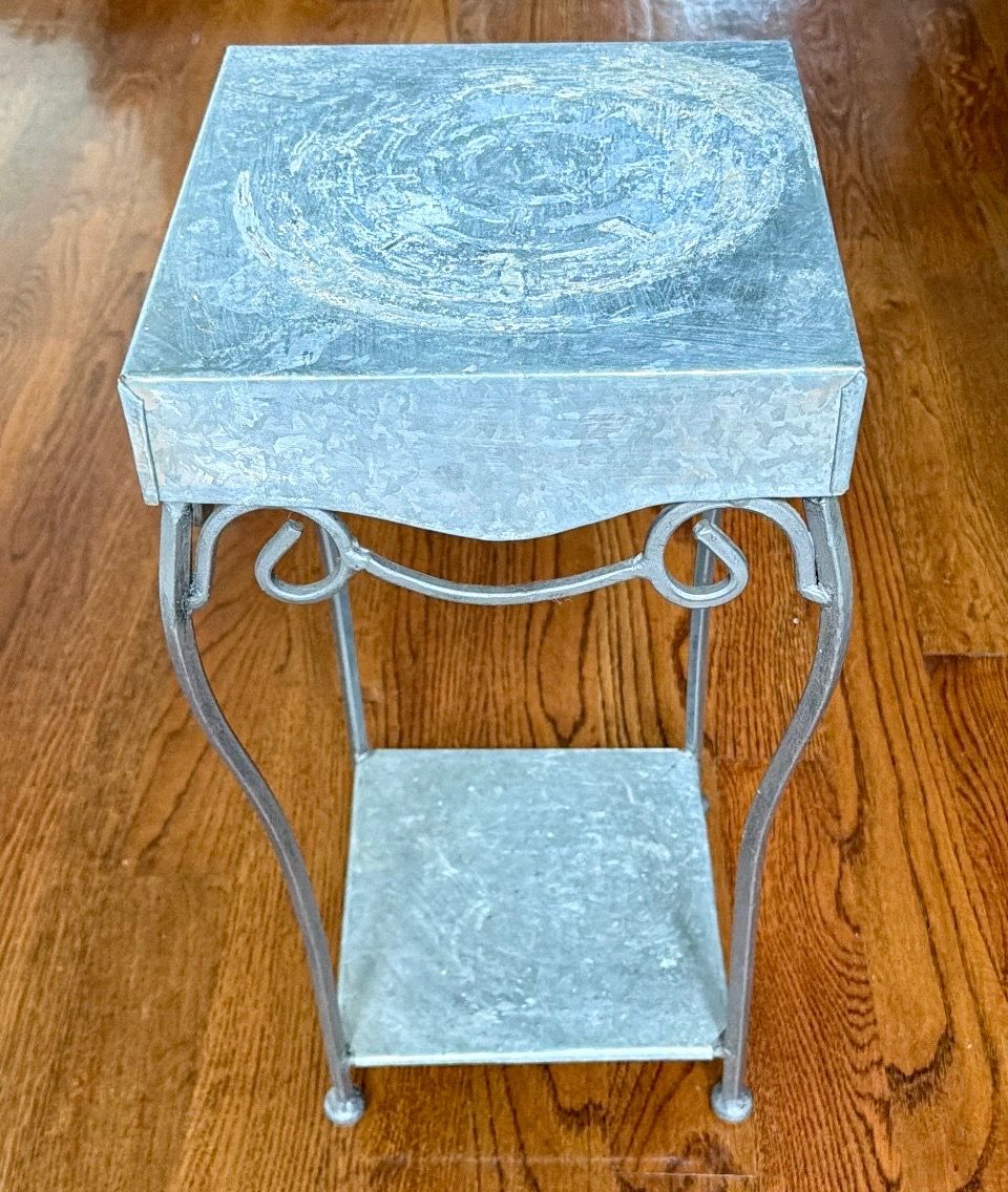 Vintage Galvanized Metal & Wrought Iron 2-Tier Plant Stand - photo 4