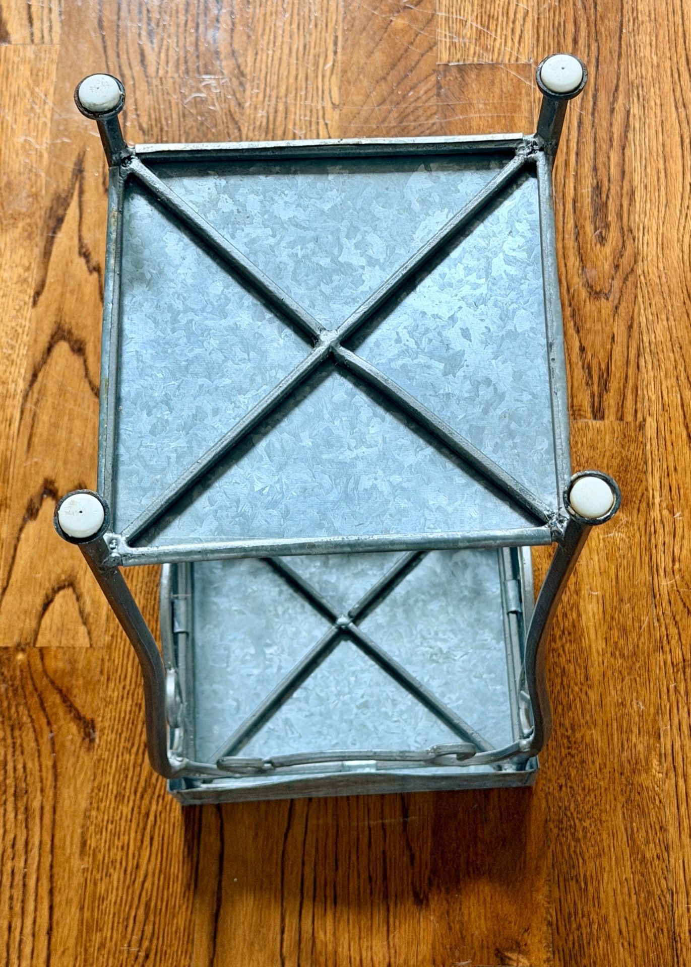 Vintage Galvanized Metal & Wrought Iron 2-Tier Plant Stand - photo 5