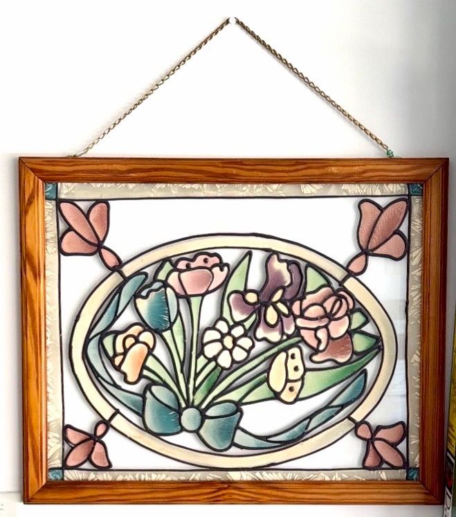 Floral Stained Glass Window Panel with Wooden Frame 21x17