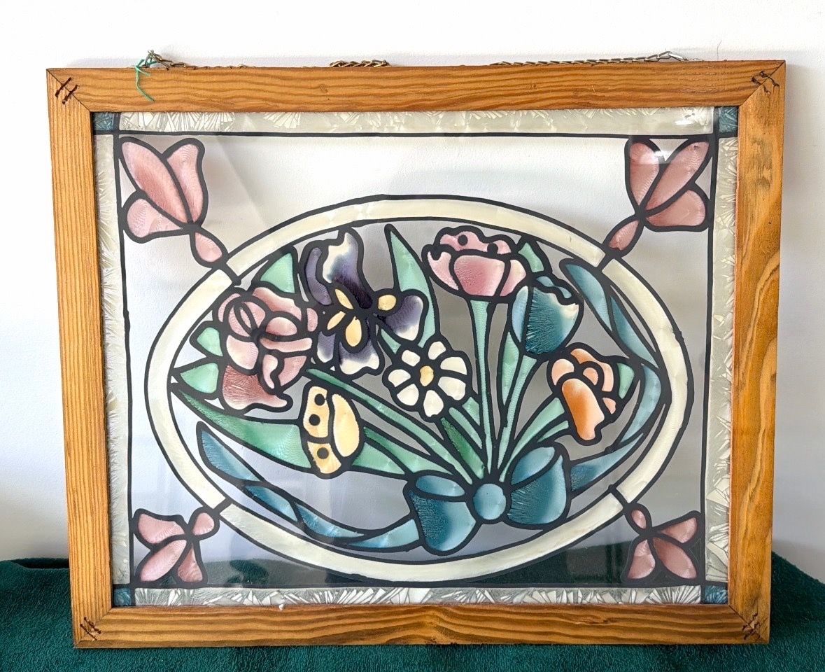 Floral Stained Glass Window Panel with Wooden Frame 21x17 - photo 2