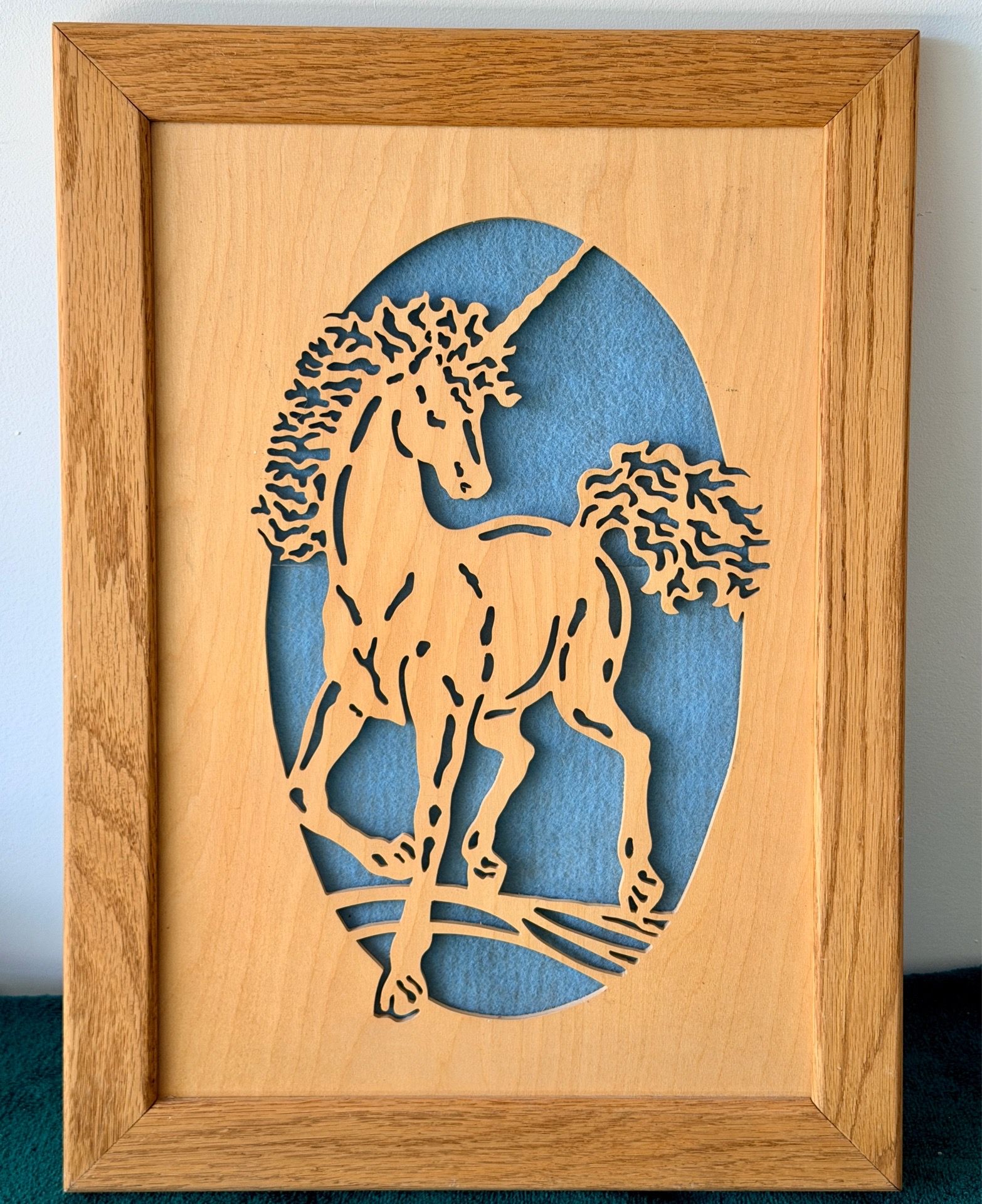 Solid Oak Wood Scroll Saw Unicorn Wall Art 19 x 13