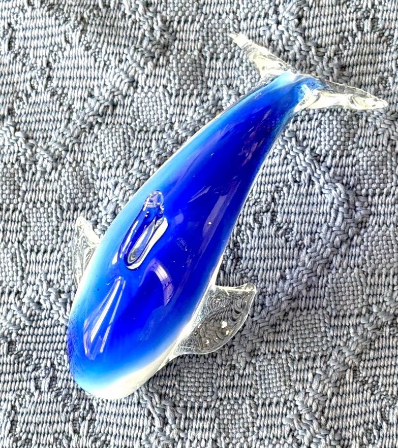 Art Glass Dolphin Figurine Cobalt Blue, White and Clear Glass