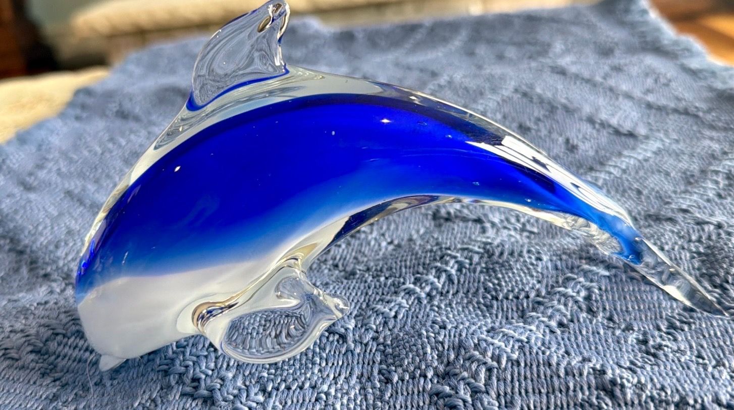 Art Glass Dolphin Figurine Cobalt Blue, White and Clear Glass - photo 2