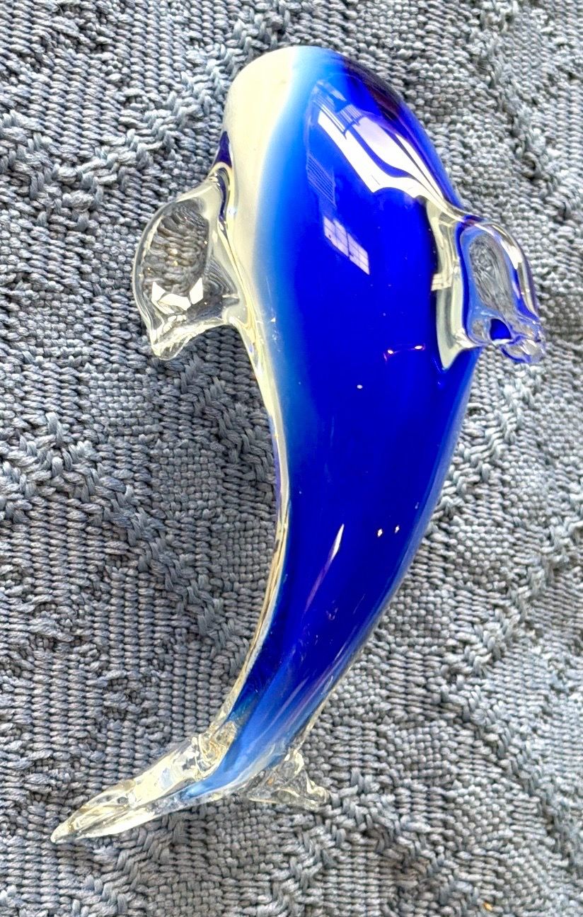 Art Glass Dolphin Figurine Cobalt Blue, White and Clear Glass - photo 3