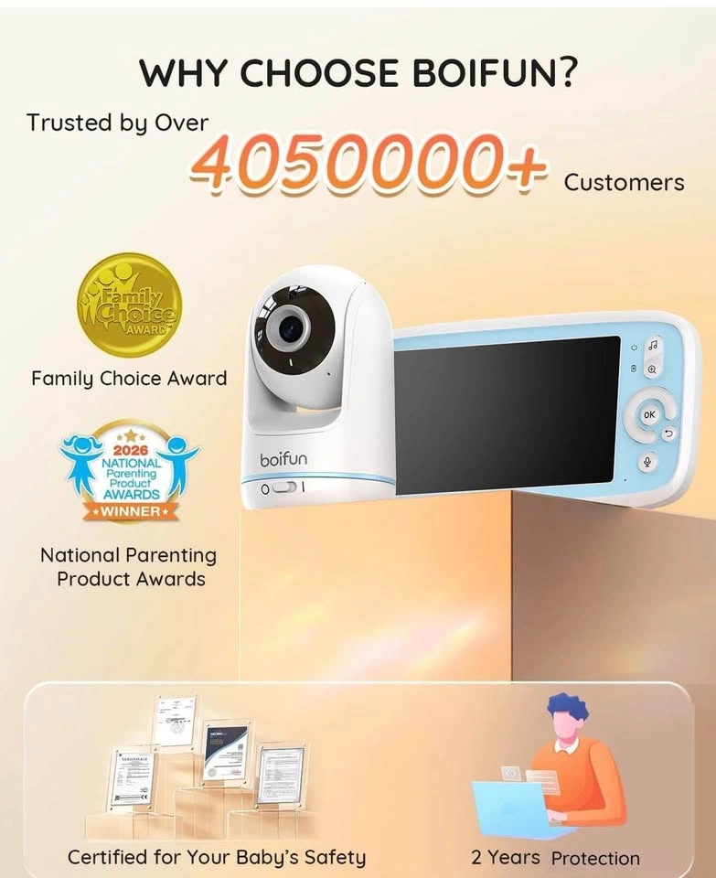 VB805 Boifun 5" Baby Monitor No WiFi 720P Camera 360° Pan - photo 2