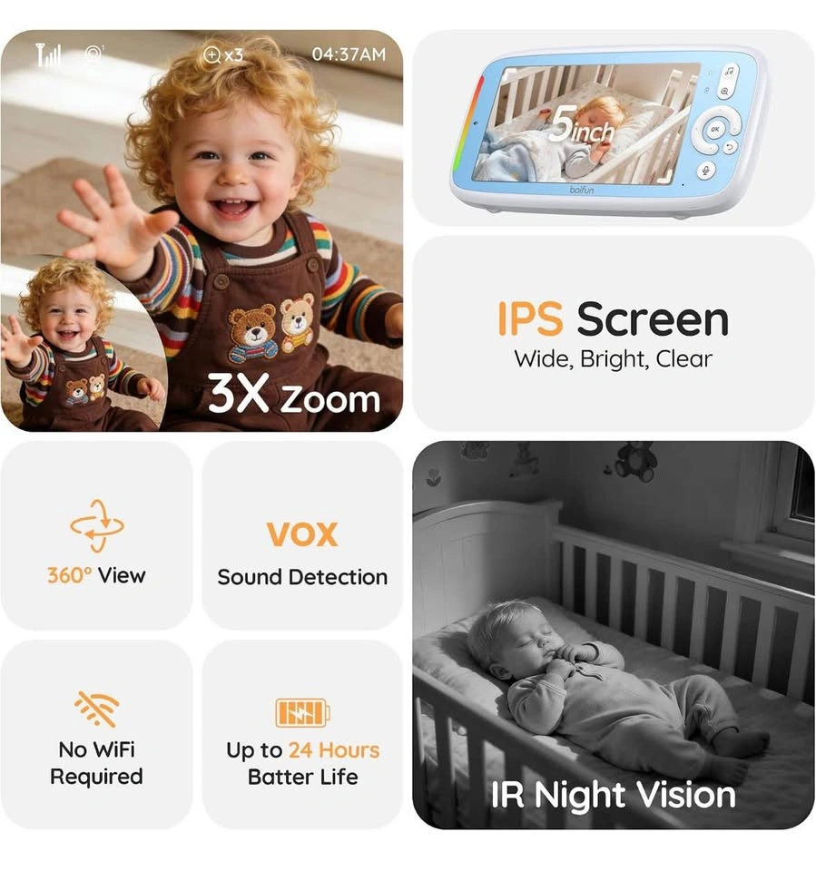 VB805 Boifun 5" Baby Monitor No WiFi 720P Camera 360° Pan - photo 3