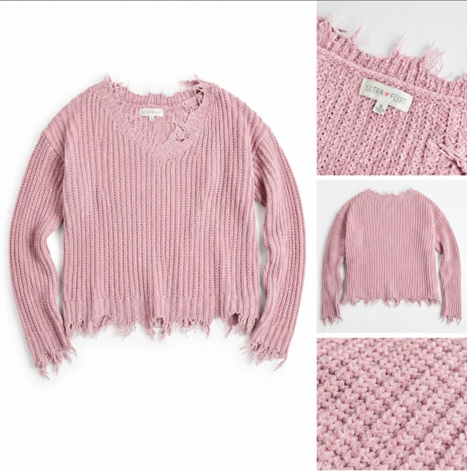 Ultra Flirt Distressed Cropped V-Neck Sweater - photo 3