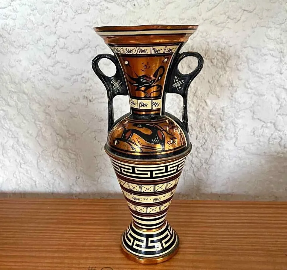 Vintage Copper Vase Handled Vase - Hand Painted - Made in Greece thumbnail