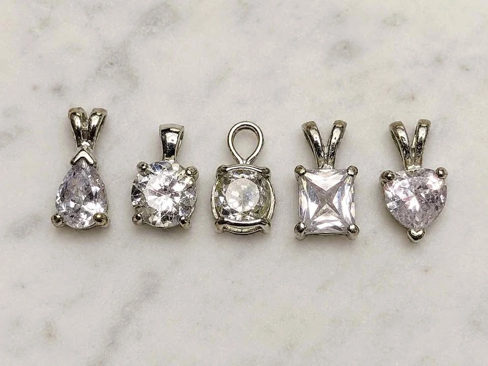 5 Silver Tone Rhinestone Pendant Charms