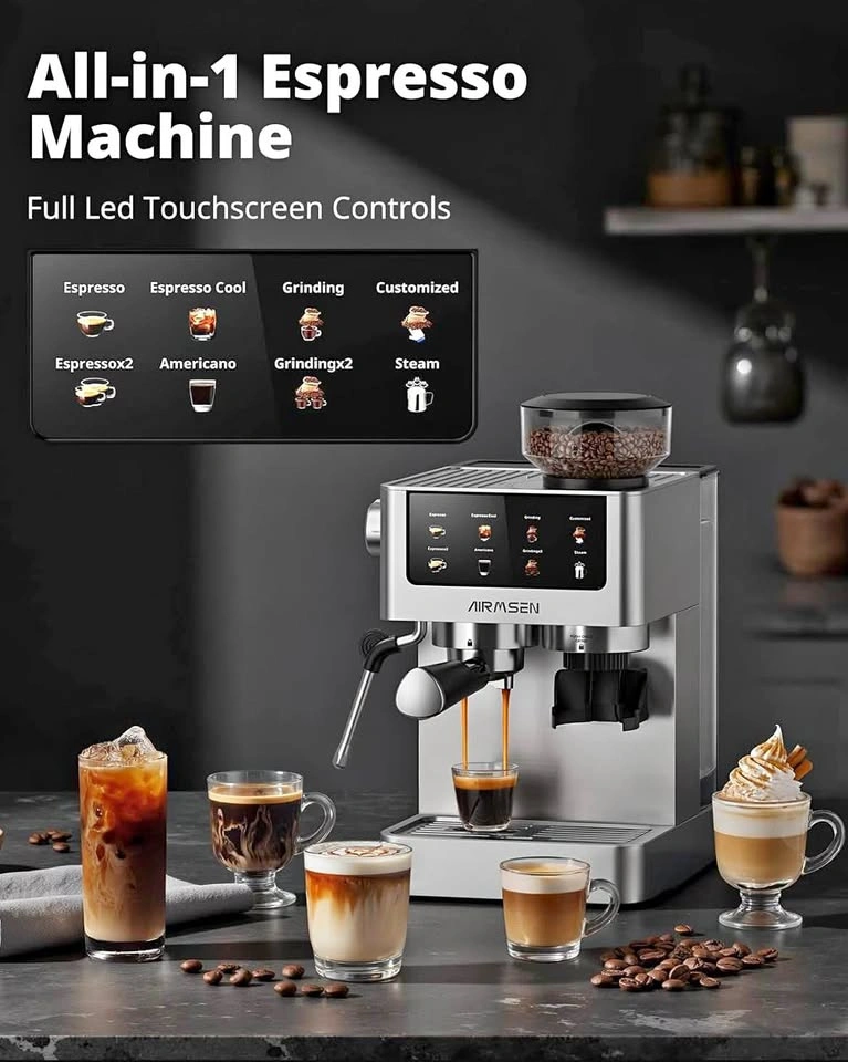 AIRMSEN Espresso Coffee Maker with Built-In Grinder – Like New