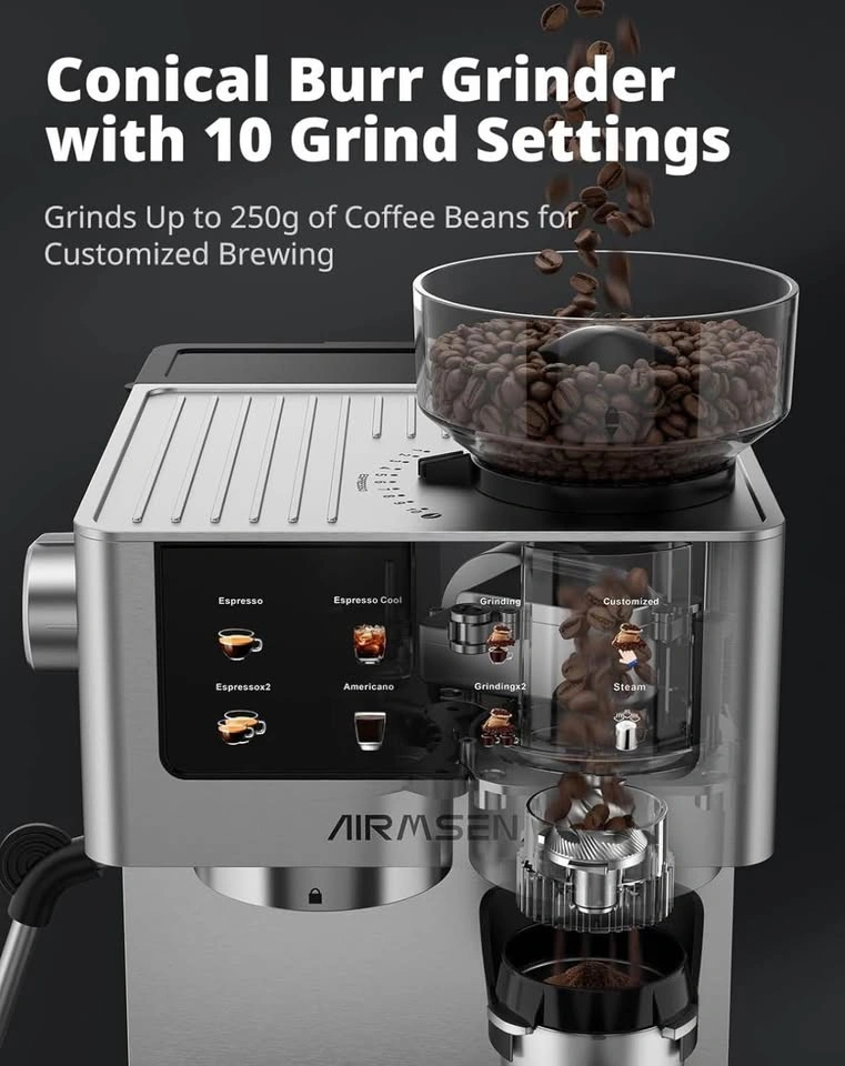 AIRMSEN Espresso Coffee Maker with Built-In Grinder – Like New - photo 4